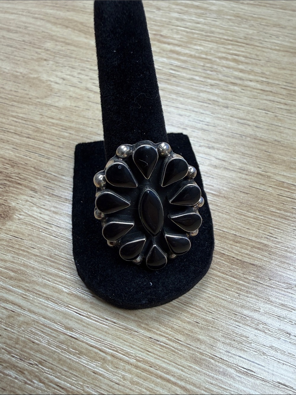 Sterling Sikver Handcrafted Black Stone Flower Statement Ring size 9